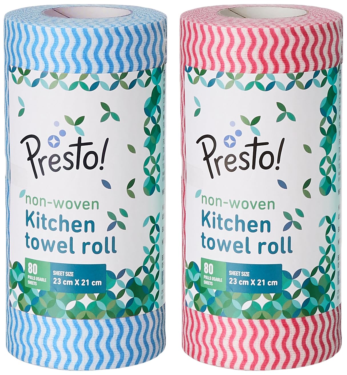 Presto! Non-Woven Kitchen Towel Roll | 80 Pulls (Pack of 2) | Size: 23 x 21 cm | Wavy Pattern (Red & Blue) | Washable and Reusable | Highly Absorbent | For Daily Use