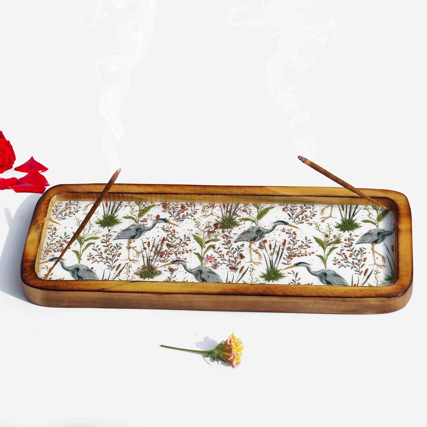 Pure Source India Rectangular Tray Shape Wooden Incense Holder with Ash Catcher Agarbatti Stand Incense Stick Holder for Home Office Pooja (Bagula)
