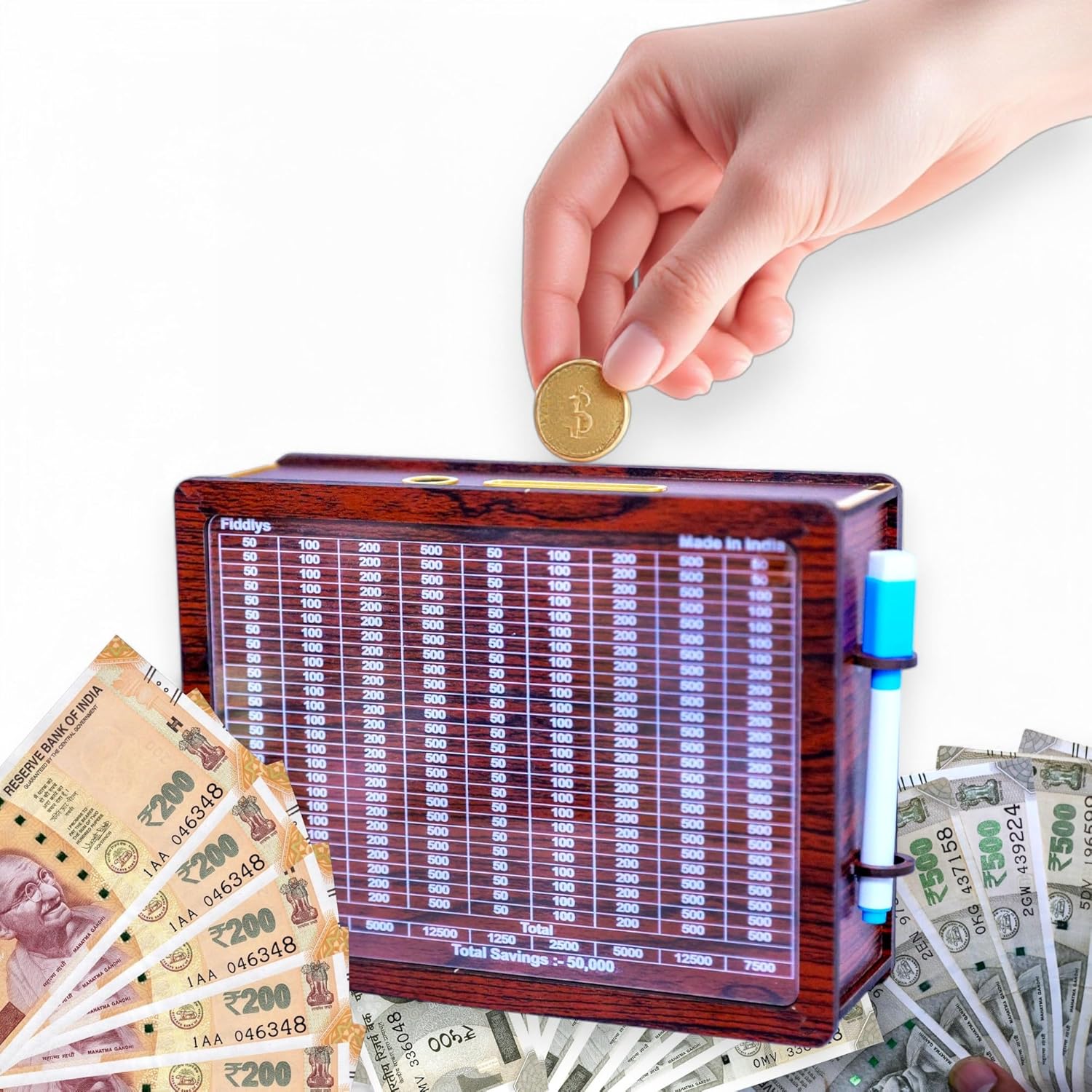 Fiddlys Wooden Money/Piggy Bank, Money Coin for Kids/Children, Savings Challenge Cashbox, Cash Vault Savings Box,Coin Piggy Bank (Wood, Rs 50,000) Reusable/Interchangable