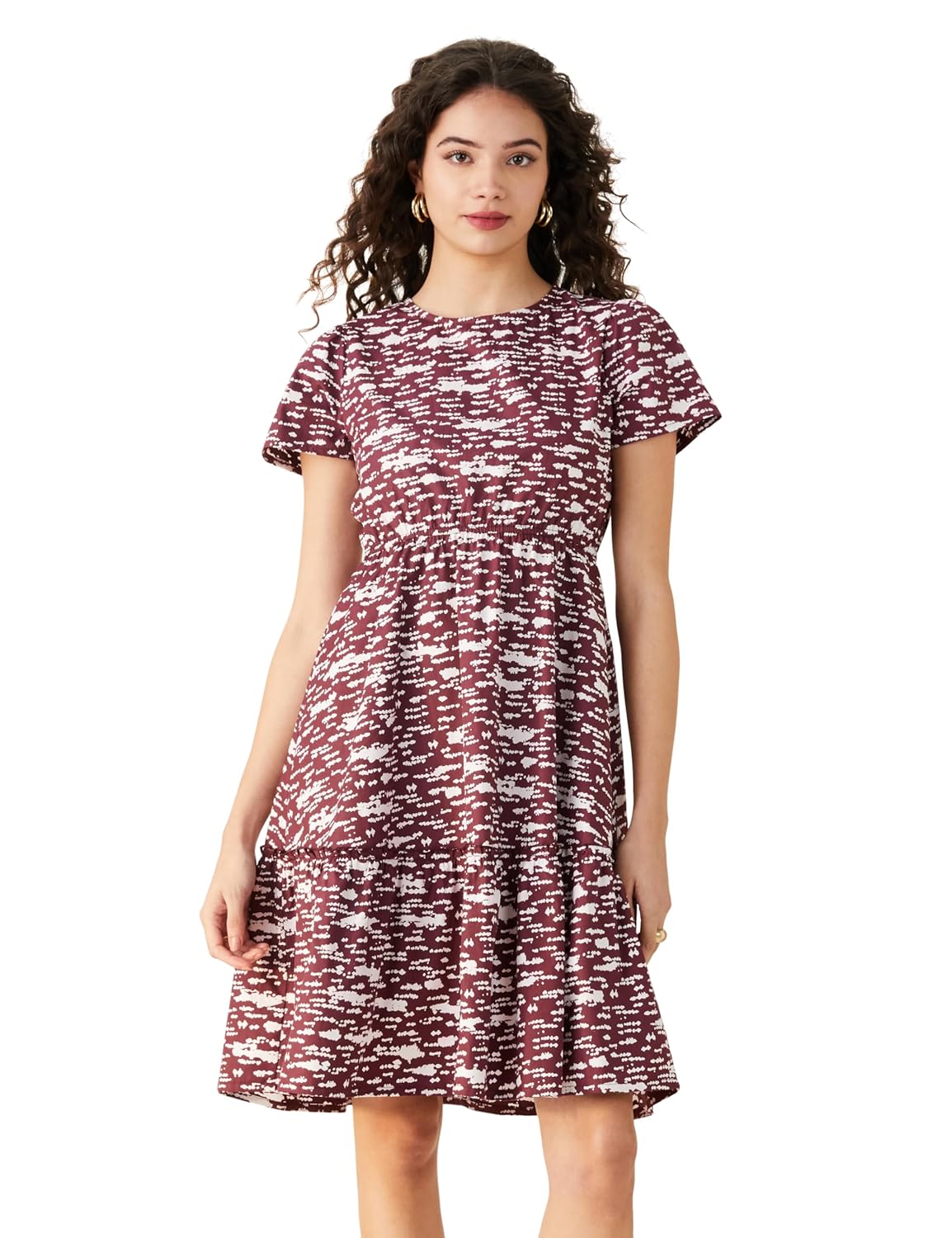 Amazon Brand - Symbol Women Rayon Fit and Flare One Piece Knee Length Tiered Dress (Available in Plus Sizes)