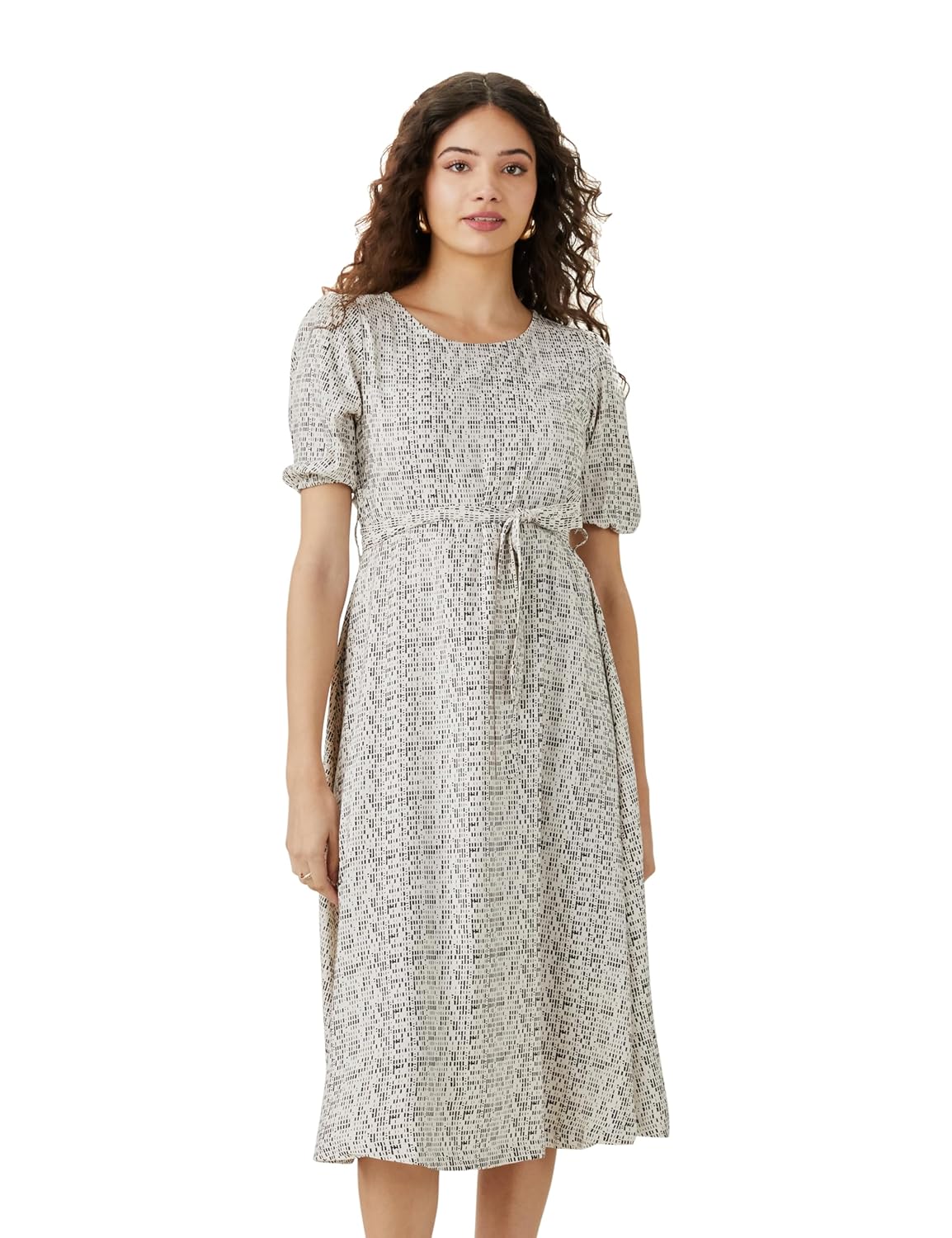 Amazon Brand - Symbol Women Rayon Fit and Flare One Piece Midi Length Dress (with Self Fabric Belt) (Available in Plus Sizes)