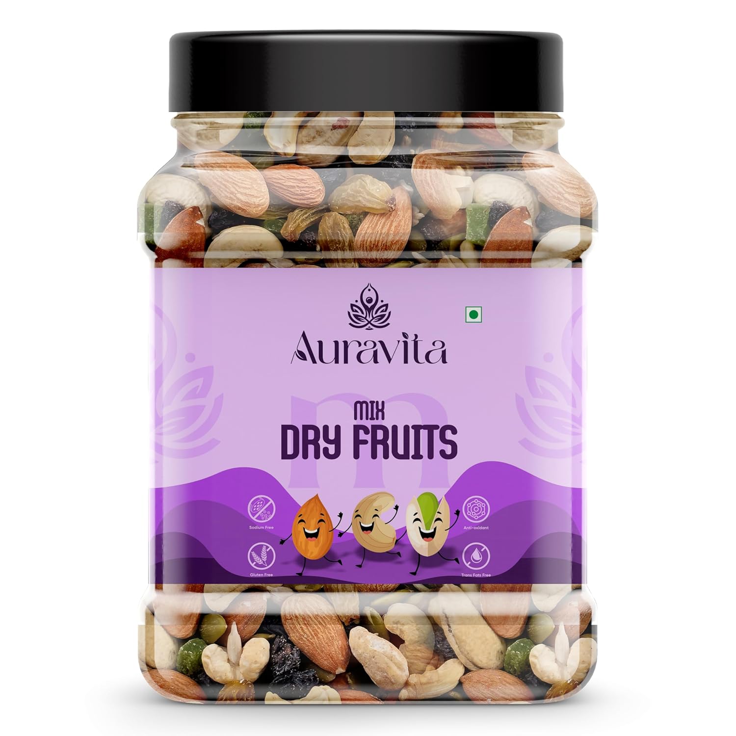 Auravita Mix Dry Fruit 500GM | Healthy Mixed Nuts and Seed with Almonds, Cashews, Dates, Pumpkin Seeds, Candied Amla | Reusable Jar Pack Of 1