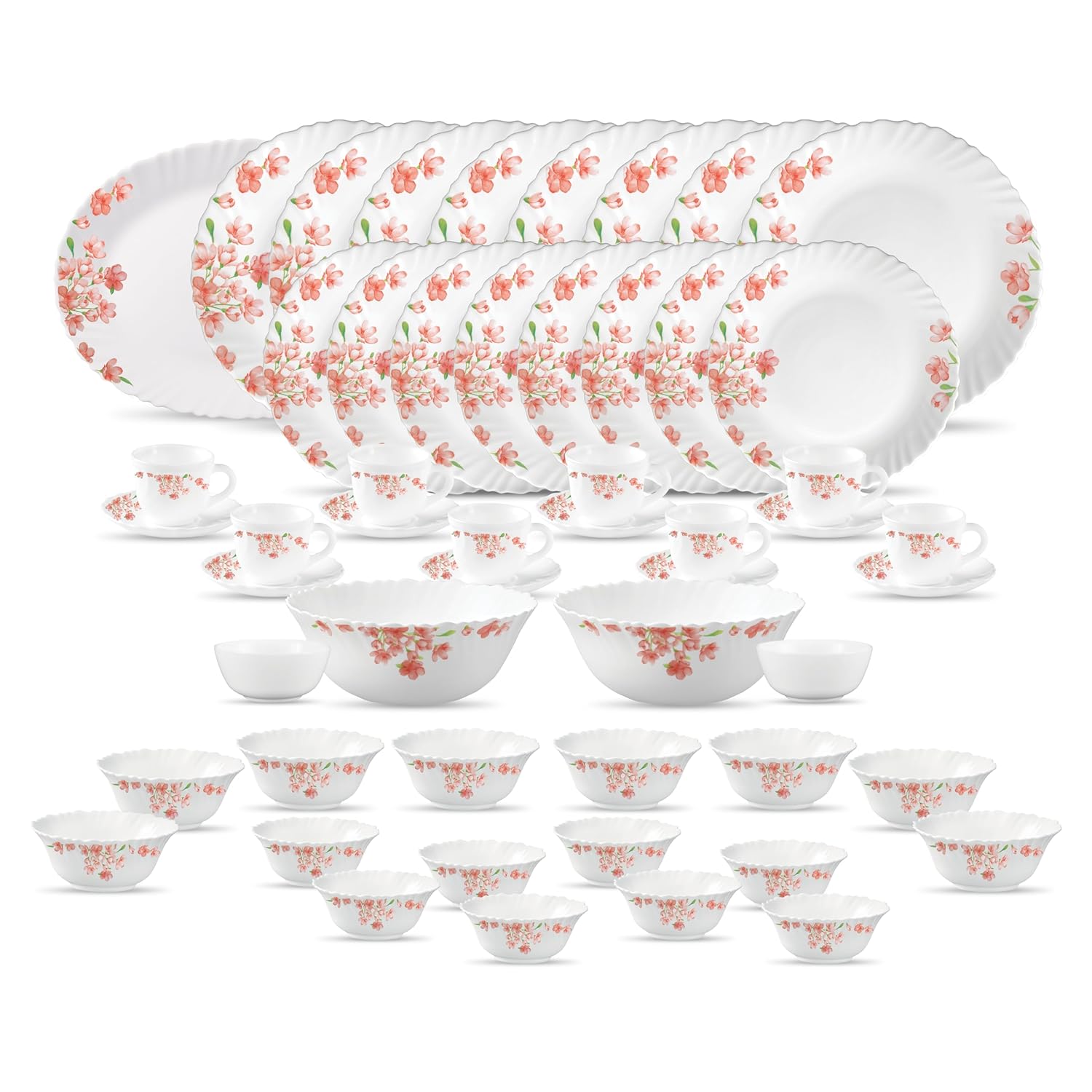 La Opala Diva Classique Collection Opal Glass Crockery | for Family of 8 | Dinner Set 53 pcs Aster Pink | Plates, Bowls & Cups for Dining | Microwave Safe | 100% Vegetarian | Extra Strong | White