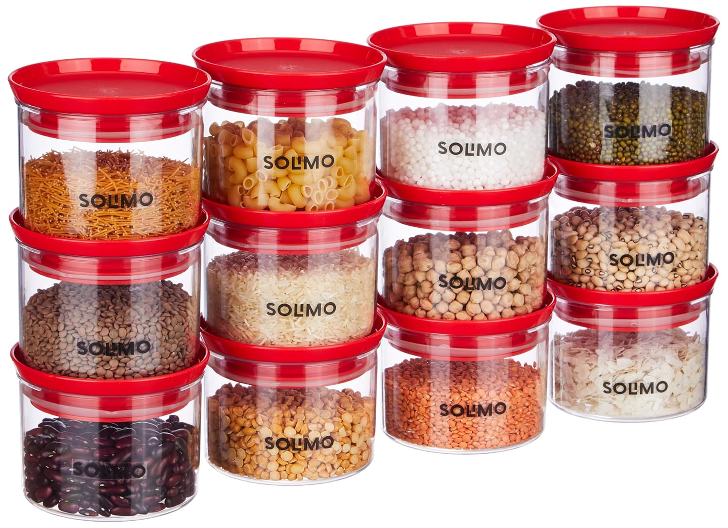 Amazon Brand - Solimo Plastic Storage Jar and Container Set I Air Tight & BPA Free Containers for Kitchen Storage Set I Grocery Kitchen Container Set I Multipurpose Jar, 500 Ml Each, Set 12, Red