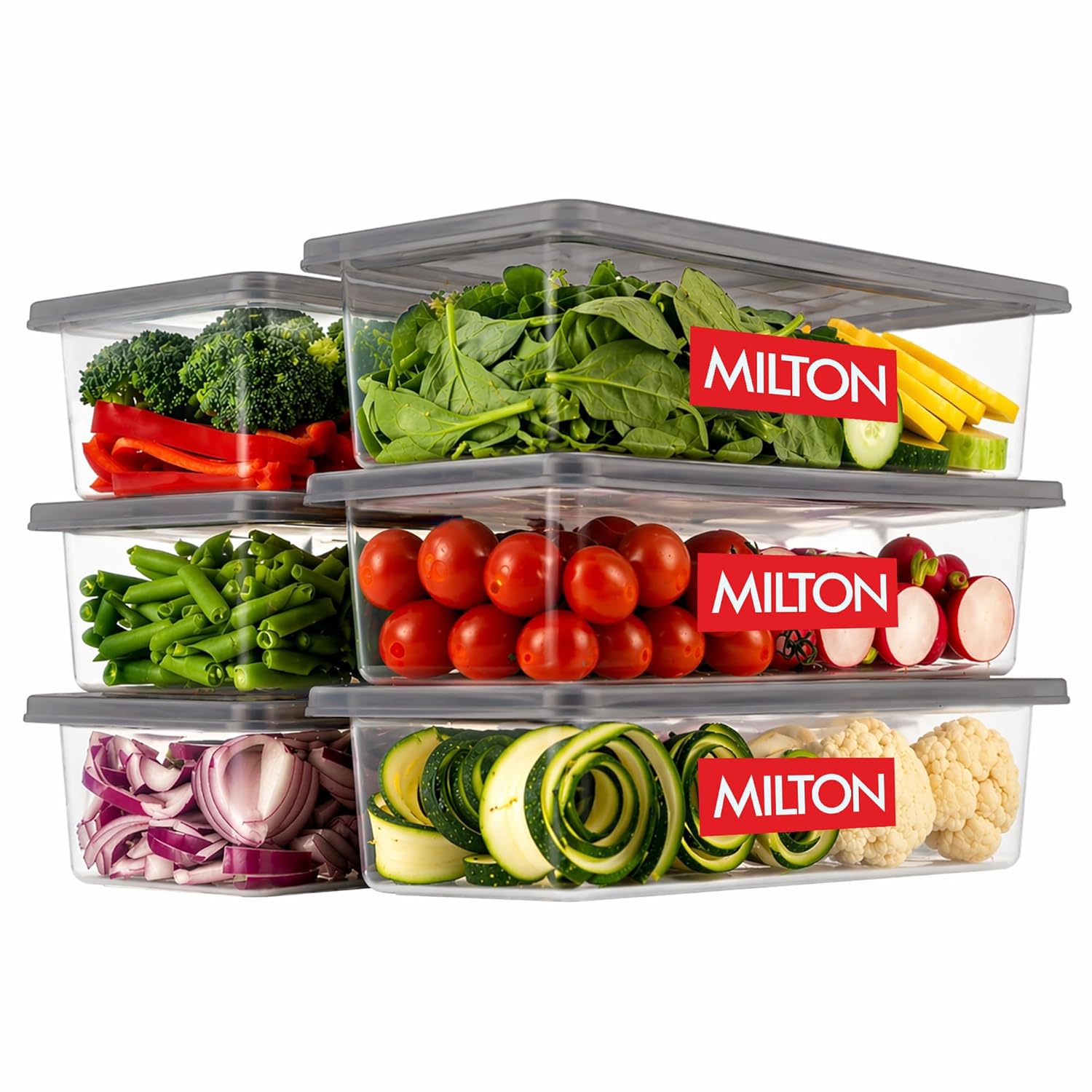 MILTON Cryo Fridge Storage Boxes Set of 6 Fridge Organizer Container with Waterproof Vinyl Stickers & Removable Drain Plate, Lid|Stackable Box, Plastic Containers 1500 ml|Fish, Vegetables, Fruits|Grey