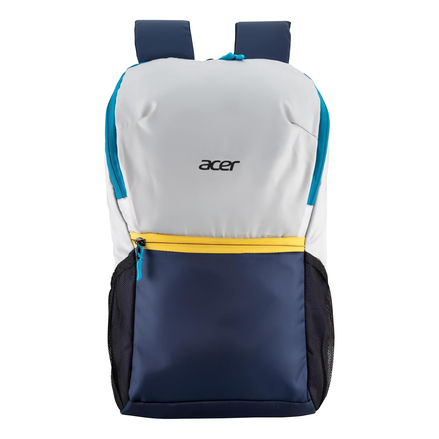 Acer Pulse Lightweight Rich Polyster PU Coated Water-Resistant Backpack, Padded Laptop Sleeve fits up to 15.6 inch, Front Pocket, 2 Side Bottle mesh, Cushioned Straps, Trendy Silver & Navy Blue Color