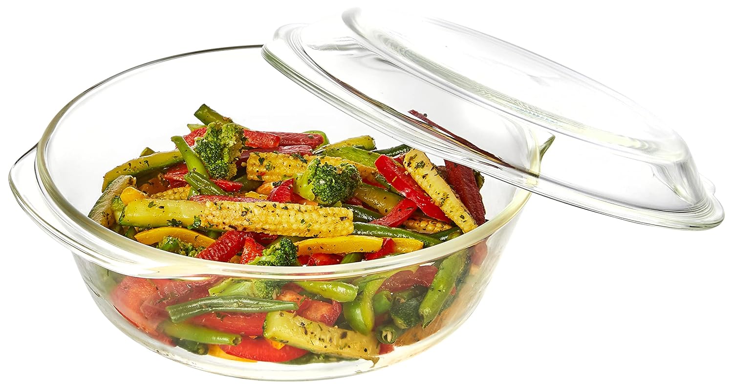 Amazon Brand - Solimo Borosilicate Glass Casserole-Cum-Serving Bowl with Lid | Oven & Microwave Safe | Deep Round | 2 L | Transparent