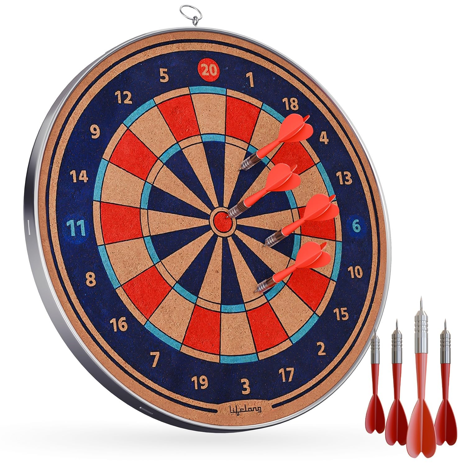 Lifelong 12 Inch Wooden Dart Board Set for Kids and Adults | Dual Sided Standard Dart Game | Includes 4 Steel Tip Darts | Easy to Hang Indoor Outdoor Fun Game | Classic Target Board (LLSBGD01)