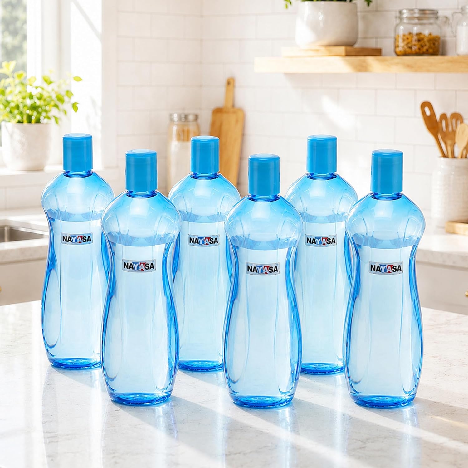 Nayasa Loopy 1000 ML Pet Plastic Fridge Water Bottles Set of 6 | BPA Free | Leak Proof | Airtight Lid | Blue
