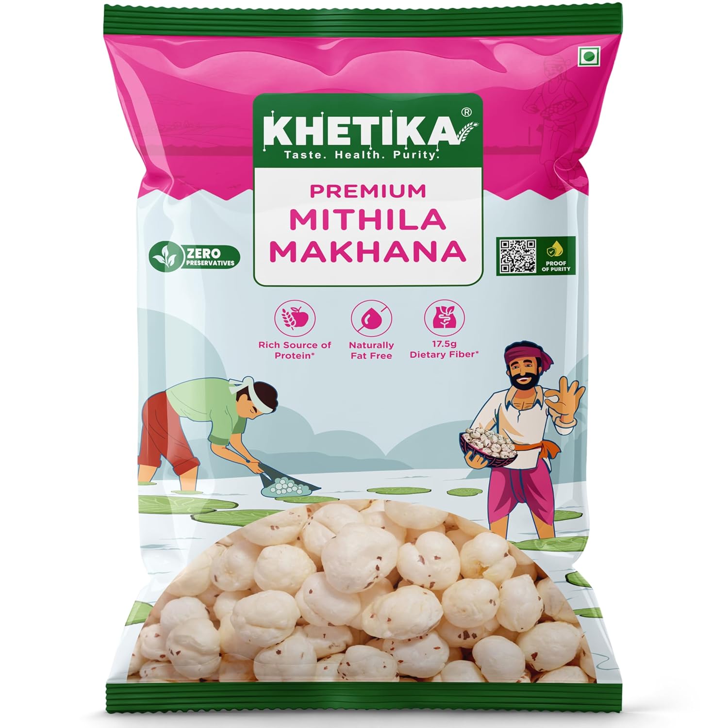 Khetika Premium Mithila Makhana 100g | Dry Fruits Fresh Raw Foxnuts, Phool Makhana for Prasadam, Premium Lotus Puffs Seeds, Rich in Calcium Natural & Crunchy