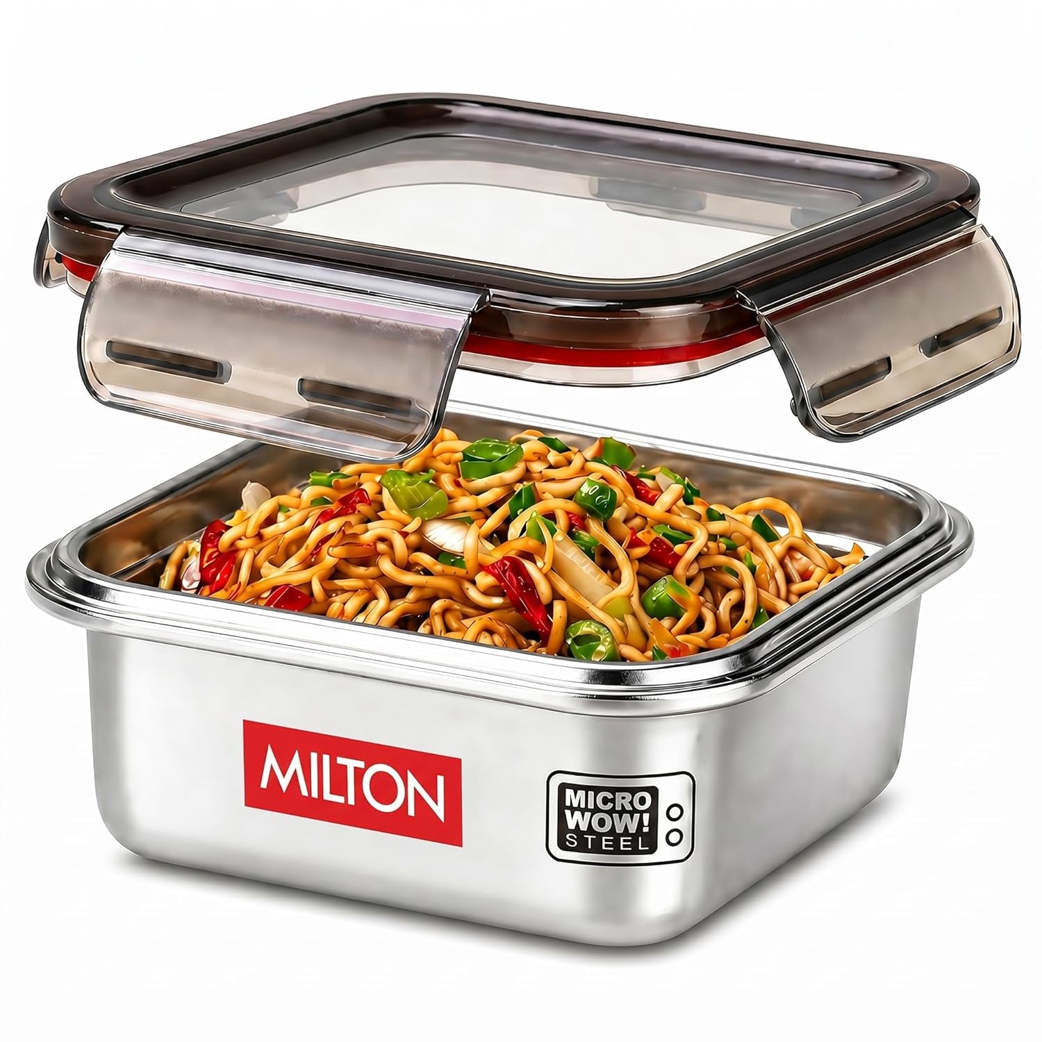 MILTON New Modulo Steel Square 450 Container with lock lid|Airtight & Leakproof|Microwave & Oven safe| Light Weight | School, Office or Picnic use, 400 ml, Silver