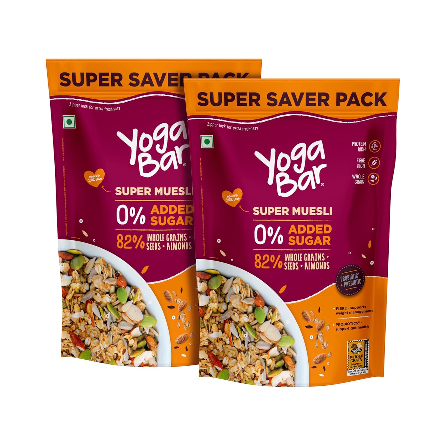 Yogabar Super Muesli, No Added or Hidden Sugar, Breakfast Muesli with Probiotics & Prebiotics, 82% Whole Grains+ Seeds+ Almonds, 400gm Each