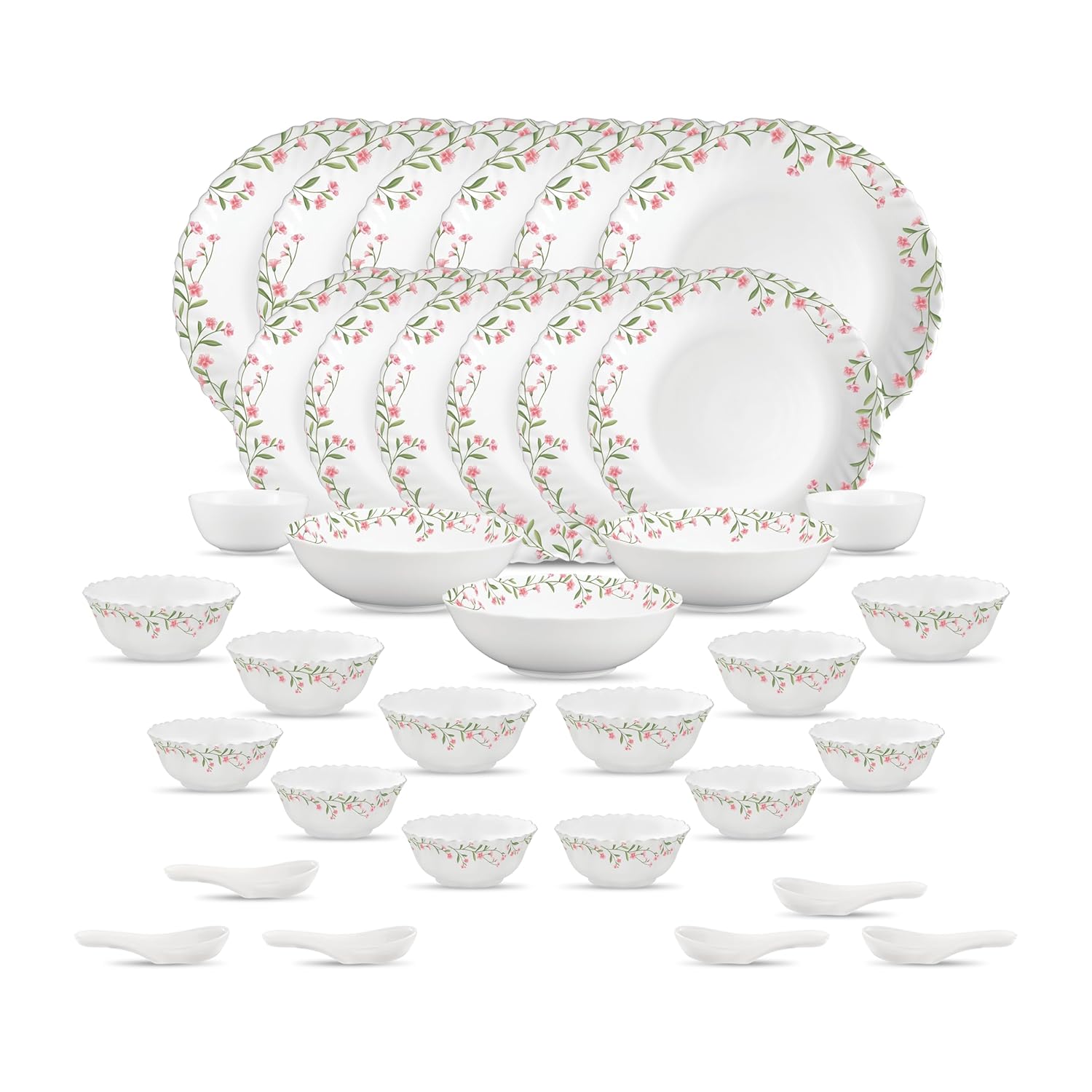 La Opala Opal Glass Crockery | for Family of 6 | Dinner Set 35 pcs Spring Meadows | Plates & Bowls for Dining | Microwave Safe | 100% Vegetarian | Extra Strong | Extra Light & White