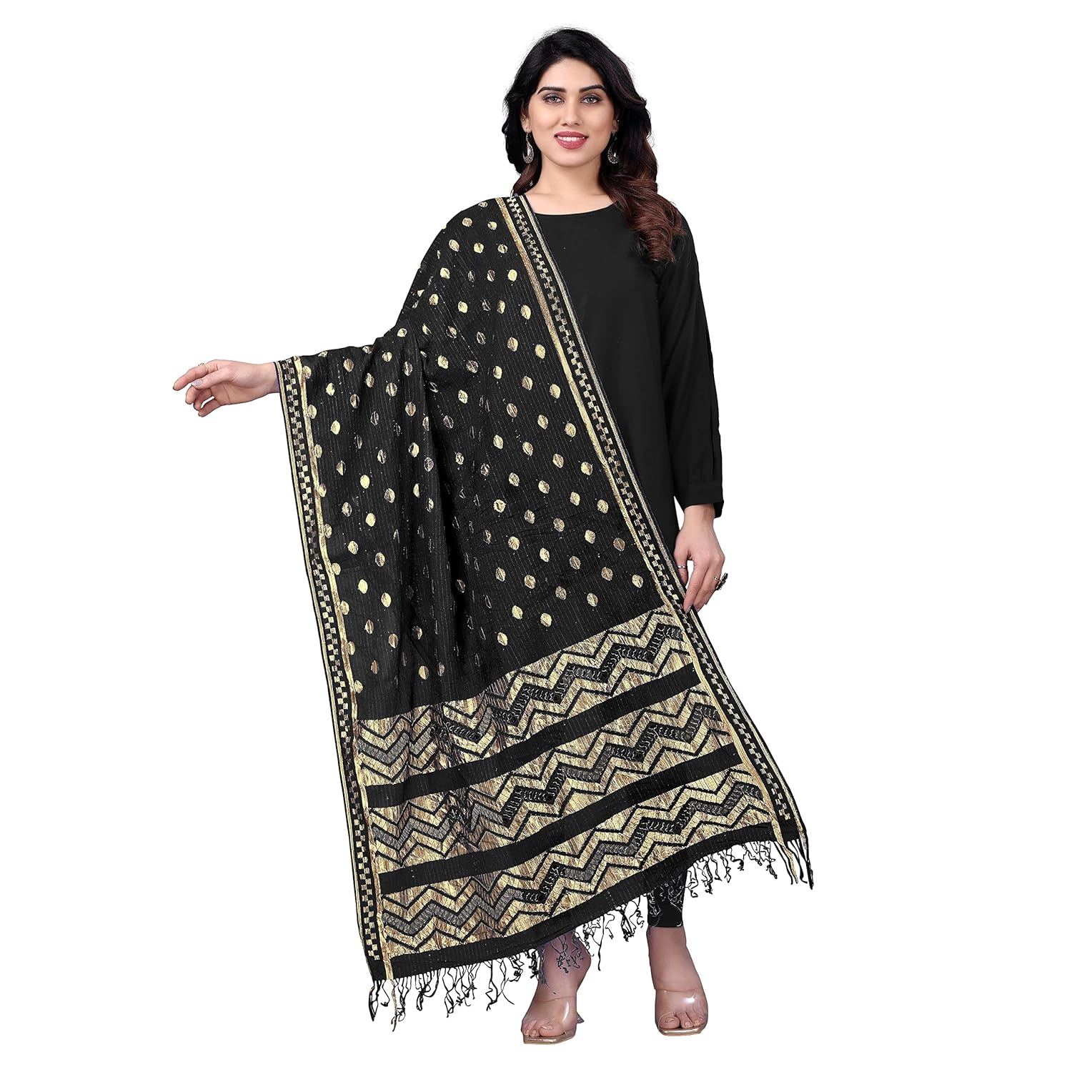 StyleScope Women's Rasal Net Dupatta With Gold Zari Work (Dup Ladoo Black_Black_2.25 Mtr)
