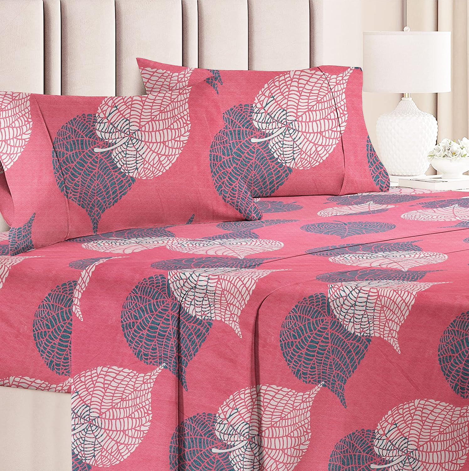 VAS COLLECTION® 160 TC Prime Collection 1 Double Bedsheet with 2 Matching Pillow Covers | Soft Brushed Microfiber & Wrinkle Free - 3 Pcs Set | 228x225 cm or 6 x7 ft - Pink & Green