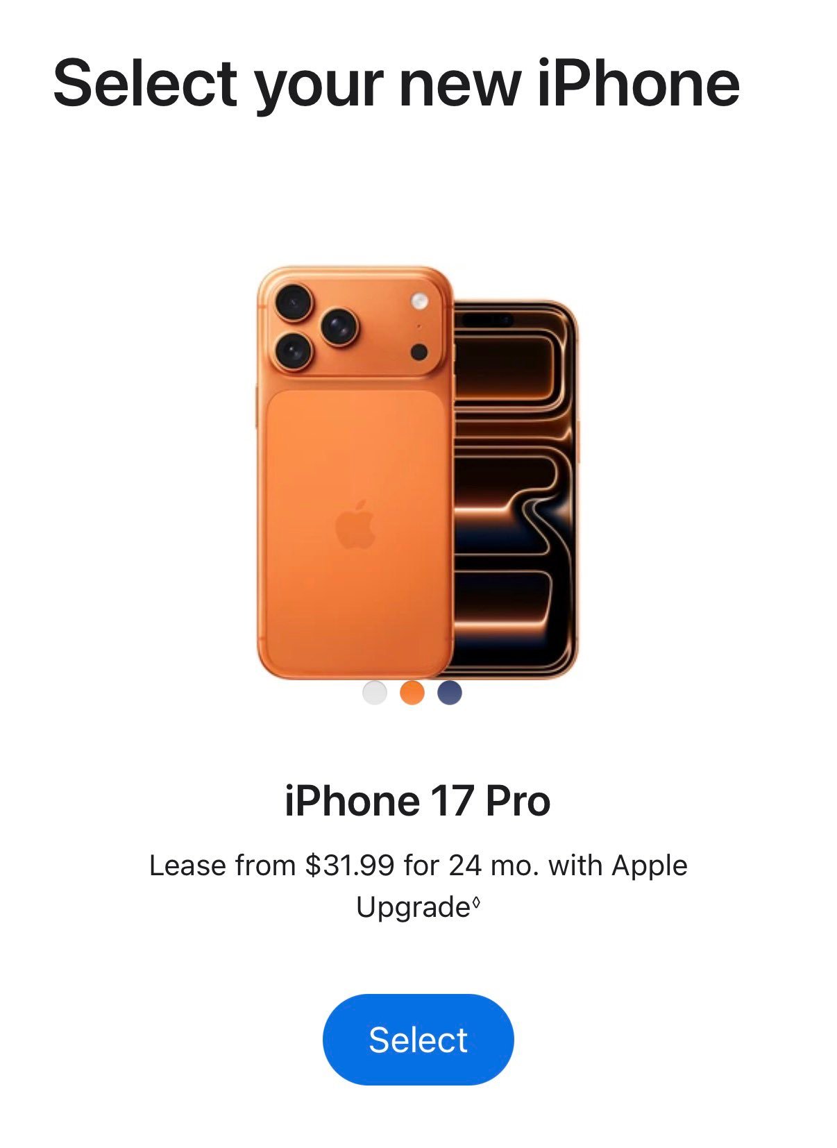 iPhone 17 Pro Apple Upgrade pricing — $31.99/mo for 24 months
