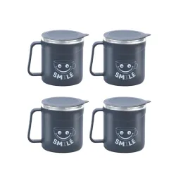 ATTRO Happy Mug Set of 4-Comes with Double Wall Inner Stainless Still & Lid Stylish Cup Ideal for Hot Coffee, Tea - 300ml-Grey