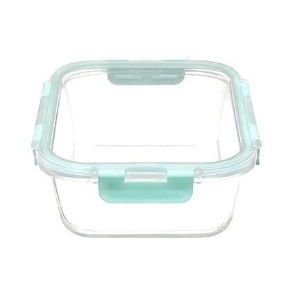 SIMPARTE 370ml Rectangular Borosilicate Glass Food Storage Container with Airtight Leak-Proof Blue Lid | Microwave, Freezer & Dishwasher Safe | Transparent Lunch Box