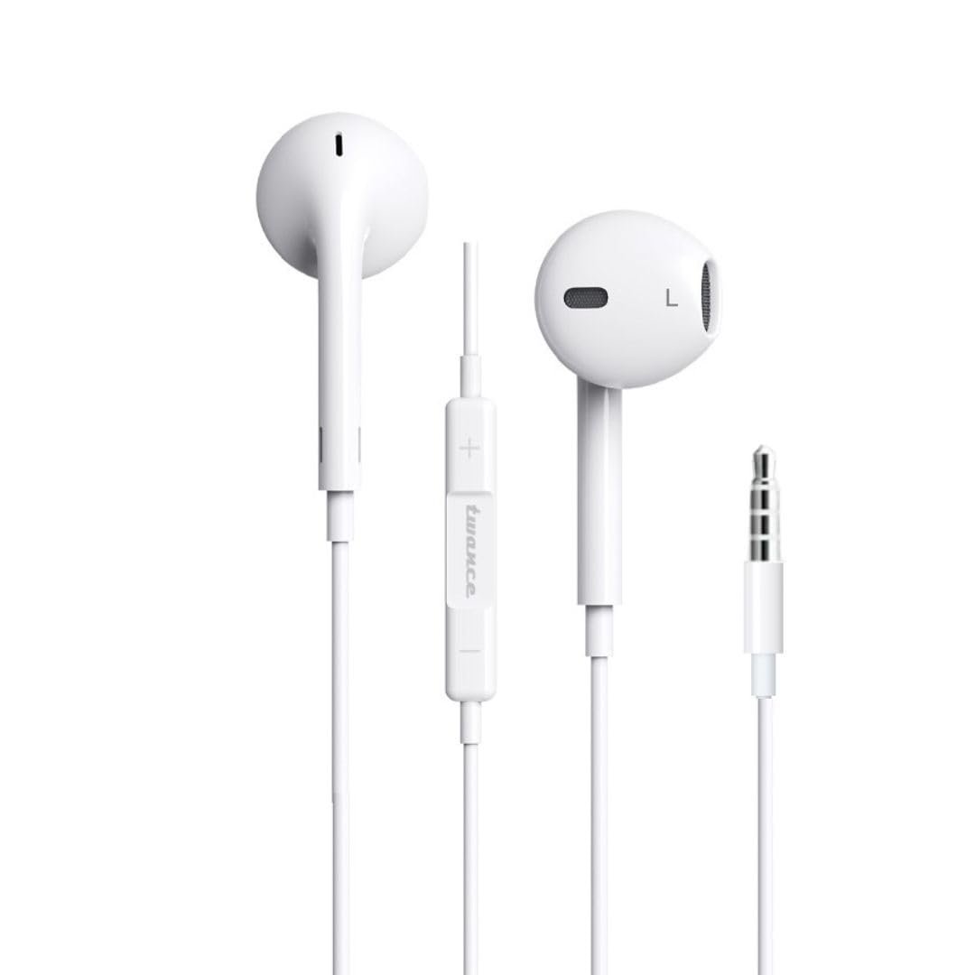 twance ME-Pro 203 Wired Earphones with 3.5mm Aux Jack – in-Ear Headphones with Built-in Microphone, Stereo Sound, 1.2m Tangle-Free Cable – White – Compatible with Mobiles, Laptops & Tablets