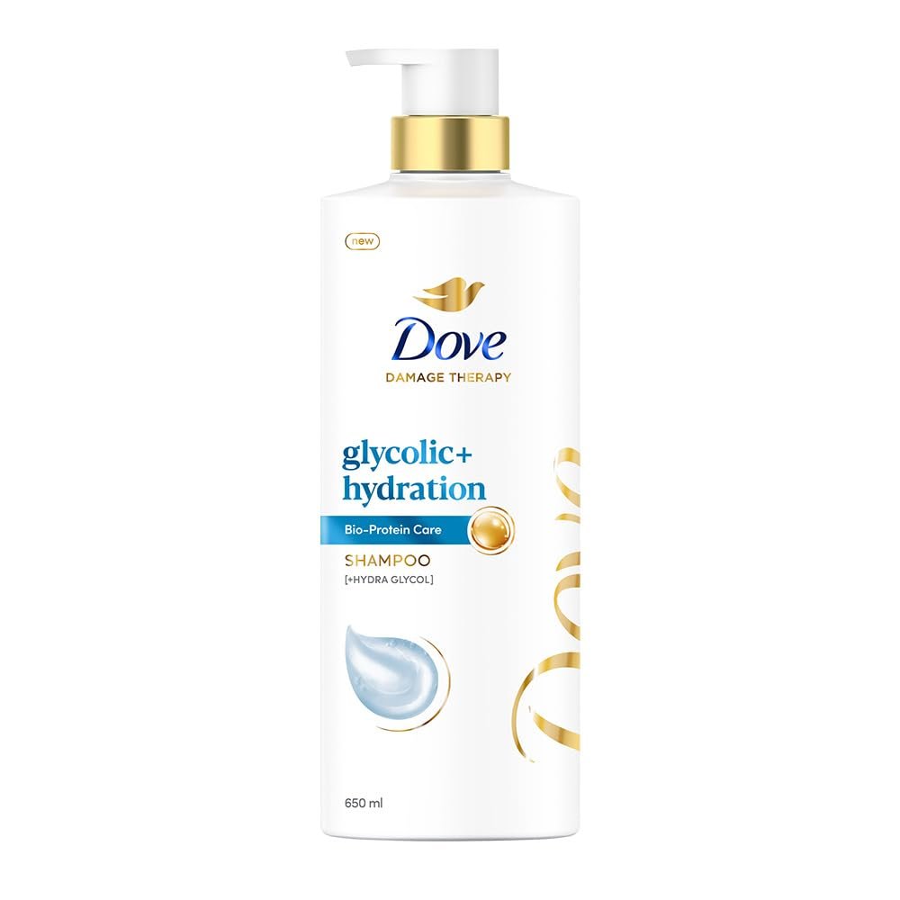 Dove Glycolic + Hydration Shampoo 650 ml with 5% Hydra-Glycol for Upto 100 hours of hydrated, fluid hair.