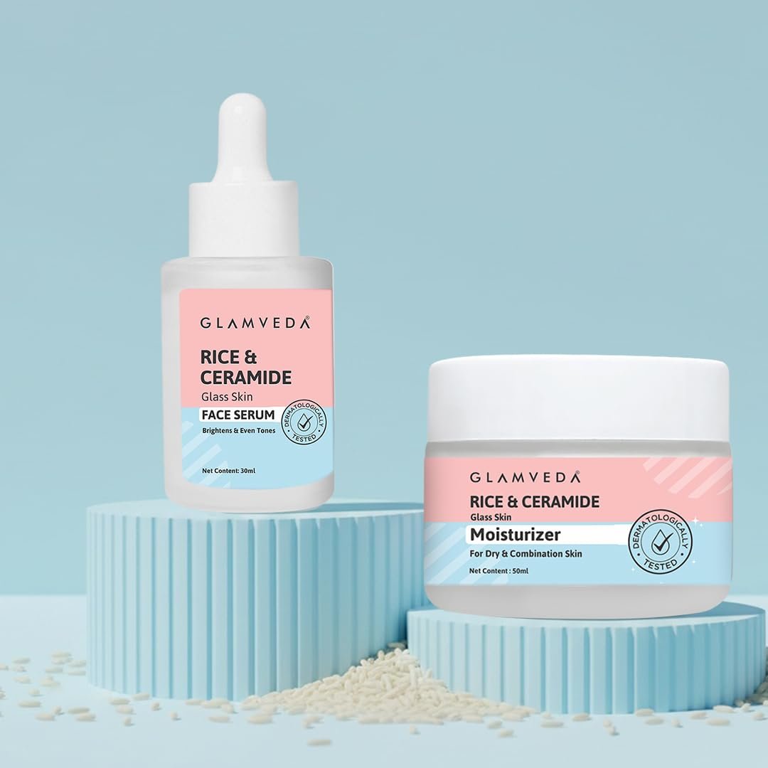 Glamveda Rice & Ceramide Face Serum & Moisturizer Combo for Dry & Sensitive Skin | Deep Hydration, Skin Barrier Repair & Nourishment | For Men & Women