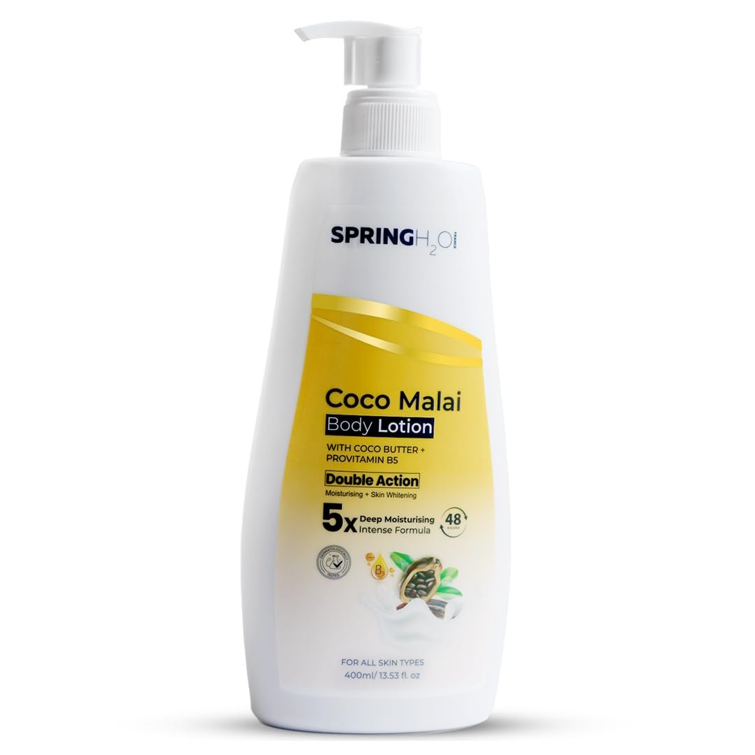 Spring H2O Coco Malai Body Lotion | Deep Moisturizing with Cocoa Butter & Pro-Vitamin B5 | Long-Lasting Hydration & Skin Nourishment | Non-Greasy Daily Body Cream for Soft, Smooth Skin – 400ml
