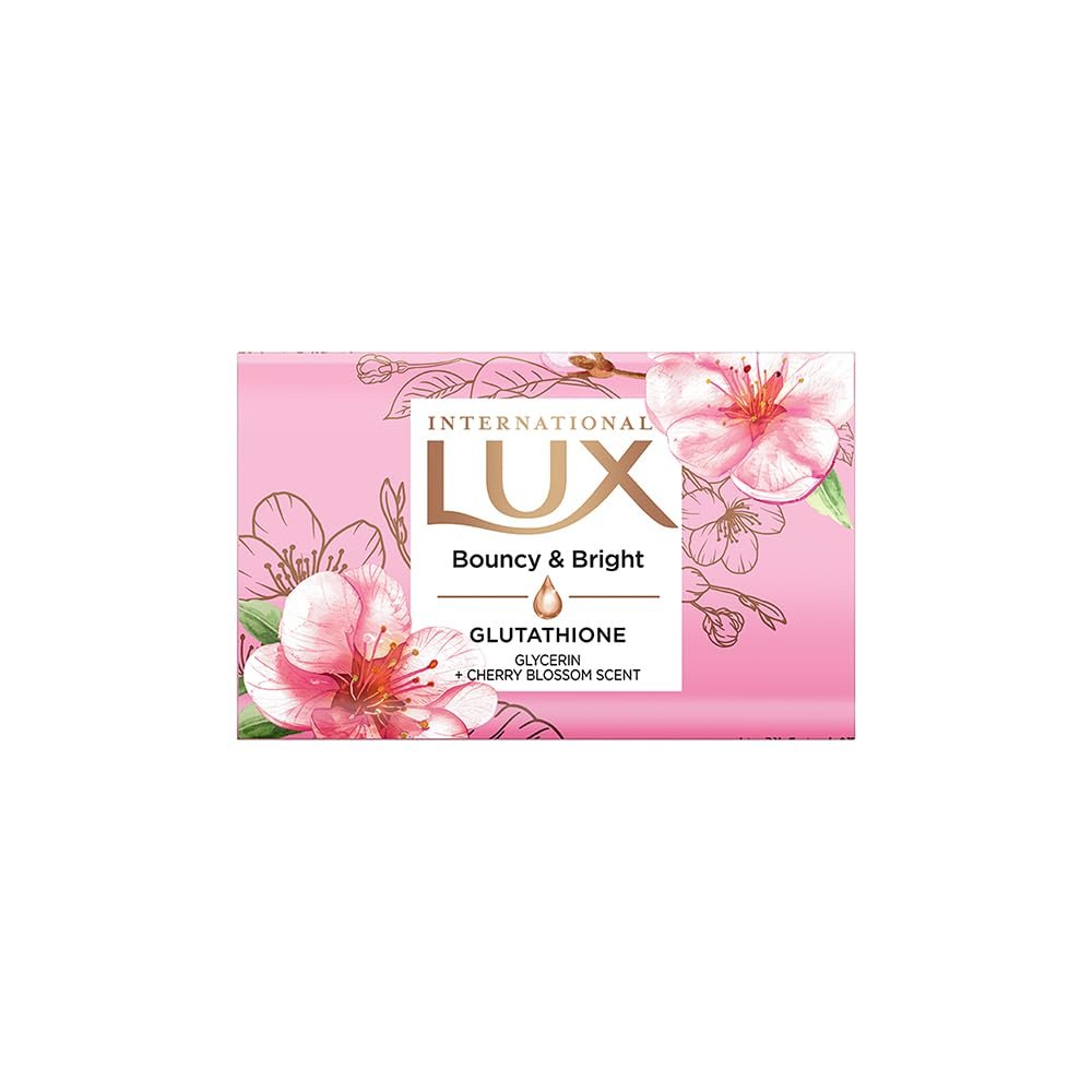 LUX International Bouncy & Bright Bathing Soap, 4 x 130g, LUXURIOUS BATHING EXPERIENCE, for Hydrated & Radiant Skin, with Glutathione & Glycerin, Improves Skin Texture, Cherry Blossom Fragrance