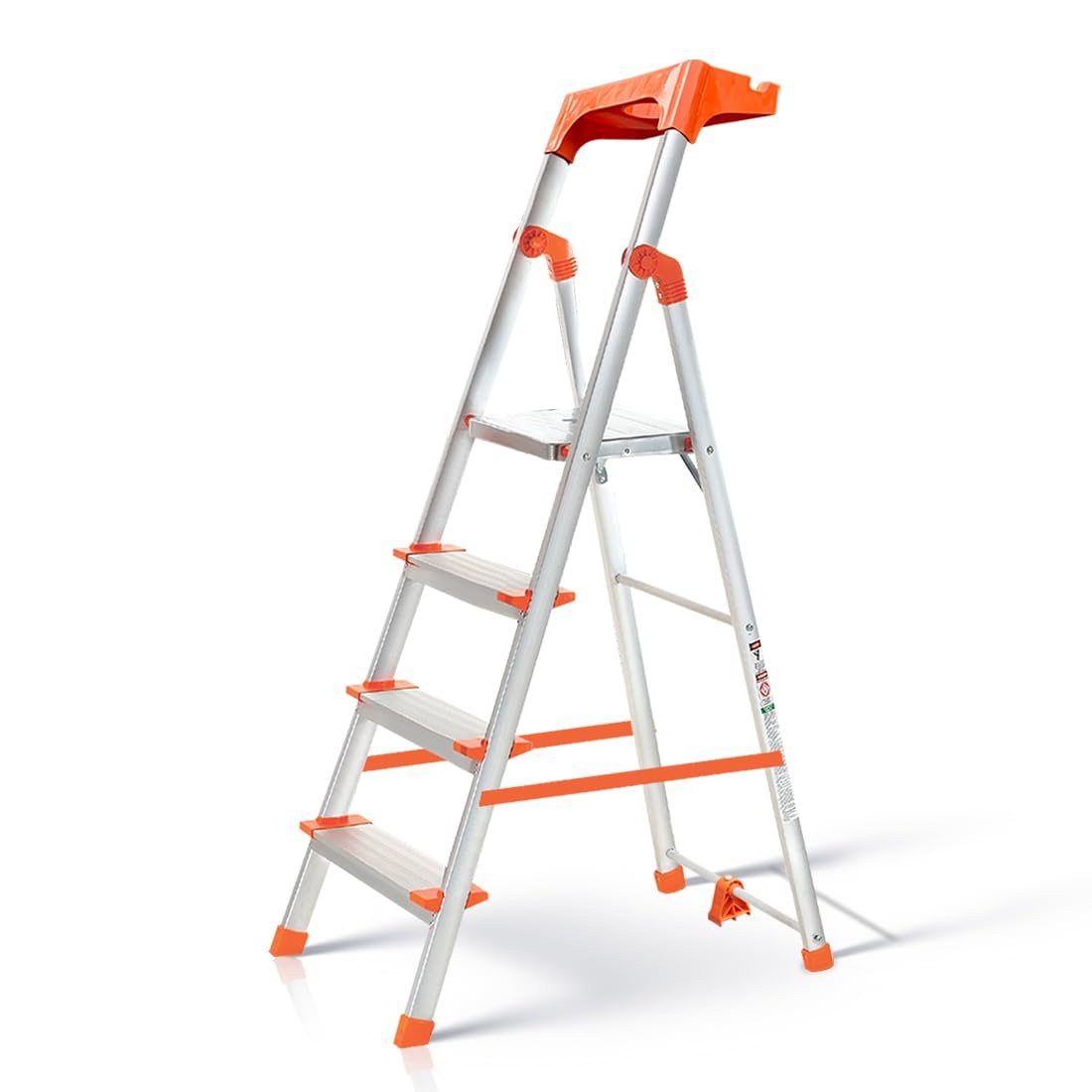 Aluminium Ladder for Home 4 Steps Foldable with Tool Tray & Anti-Skid Wide Steps | 4 Step Ladder for Home Use, Kitchen & Household | 250 Kg Capacity Folding Ladder | 5 Year Warranty (Orange)
