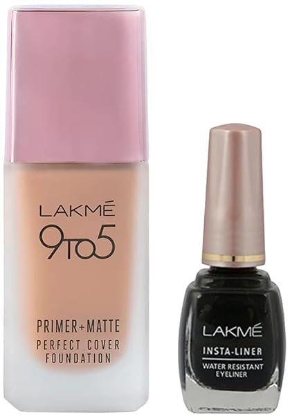 LAKMÉ 9To5 Primer + Matte Perfect Cover Liquid Foundation for combination Skin,Buildable, W240 Warm Beige, 25 Ml And Lakme Insta Eye Liner, Black, 9Ml