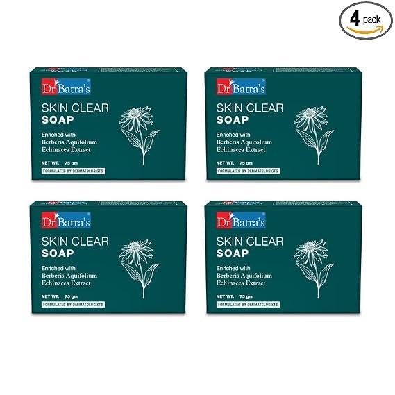 Dr Batra's Skin Clear Soap, Enriched with Berberis aquifolium,Echinacea & Tea Tree Oil | reducing active breakouts | Lighten acne scars, sun tan, and hyperpigmentation | Removes impurities, cleanses pores, and reduces dullness | 75g - Pack of 4