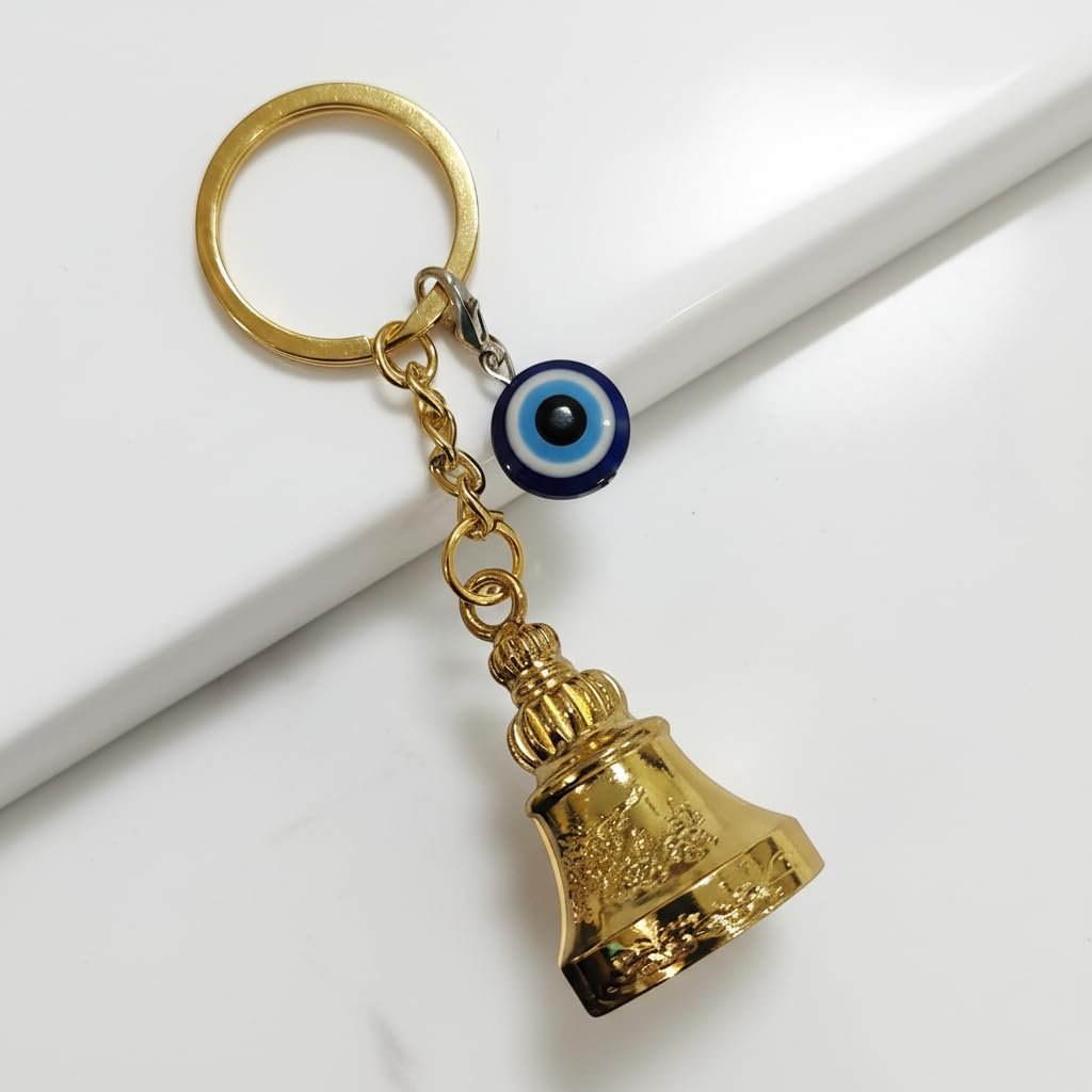 Gold Guardian Bell For Bike Keychain with Evil Eye Charm – Good Luck Motorcycle Bell for Riders | Protective Biker Gift for Men, Women, Friends & Loved Ones | (Shiny Golden with Evil Eye)