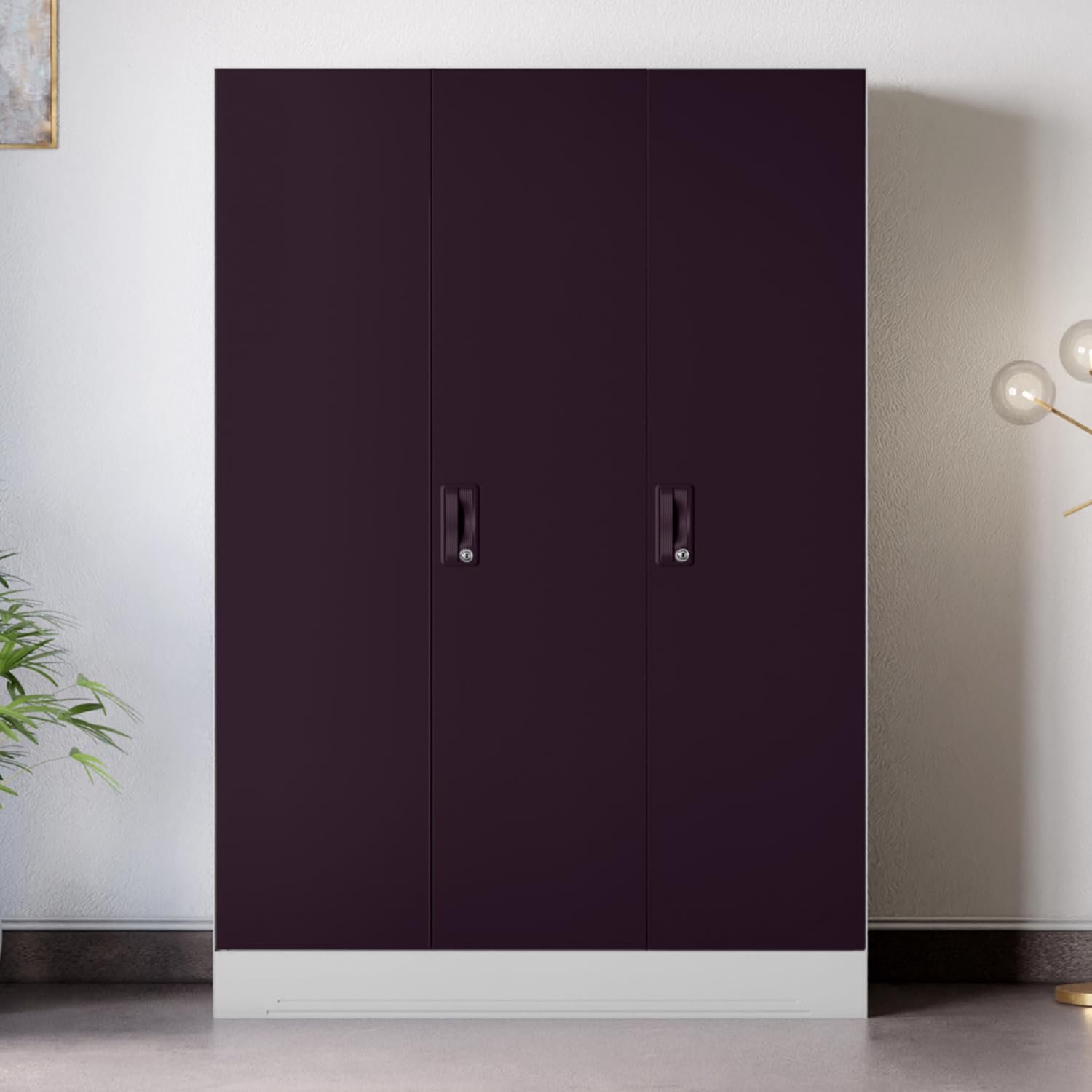 Interio by Godrej Slimline 3 Door Steel Almirah | Royal Ivory and Textured Shellwine Red + 1 Year Warranty, Locker & 2 Drawers, 6 Shelves