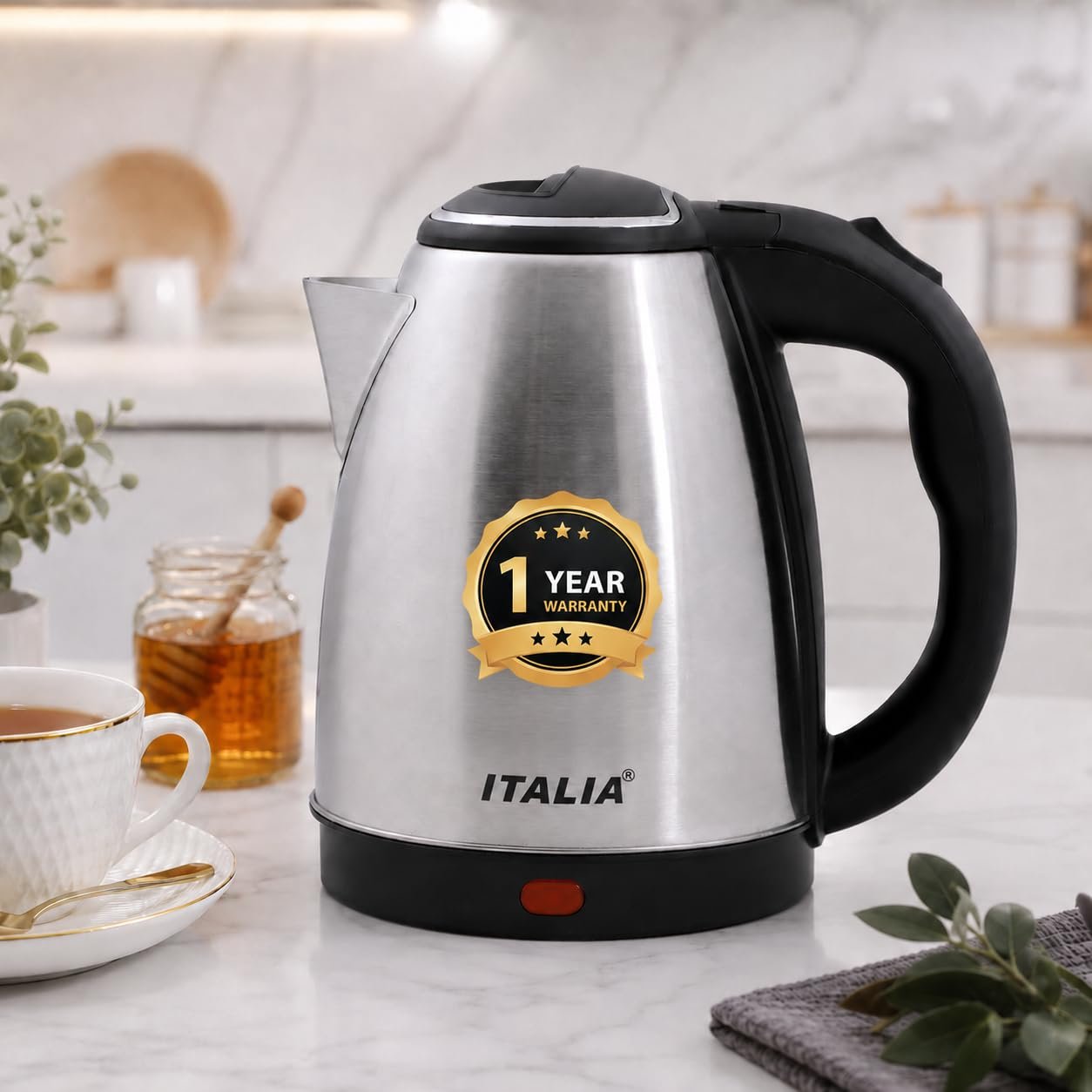 Italia 1.8L Electric Kettle | Stainless Steel Body | 1500W Fast Boiling | Auto Cut-Off & Boil-Dry Protection | 360° Swivel Base | Cool Touch Handle | 1 Year Warranty