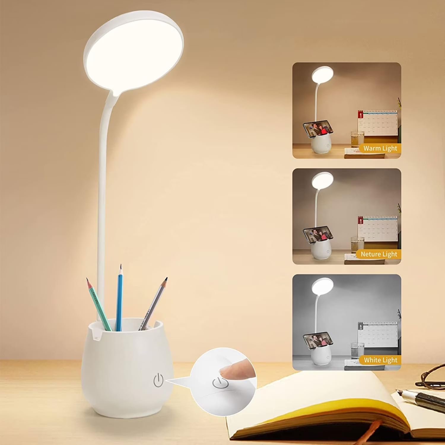 Rechargeable LED Study Lamp with Flexible Arm & Phone Holder -3 Color Modes, Adjustable Brightness Desk Light for Reading, Study, Work, Bedside Table Lamp for Home, Office & Students (Portable)