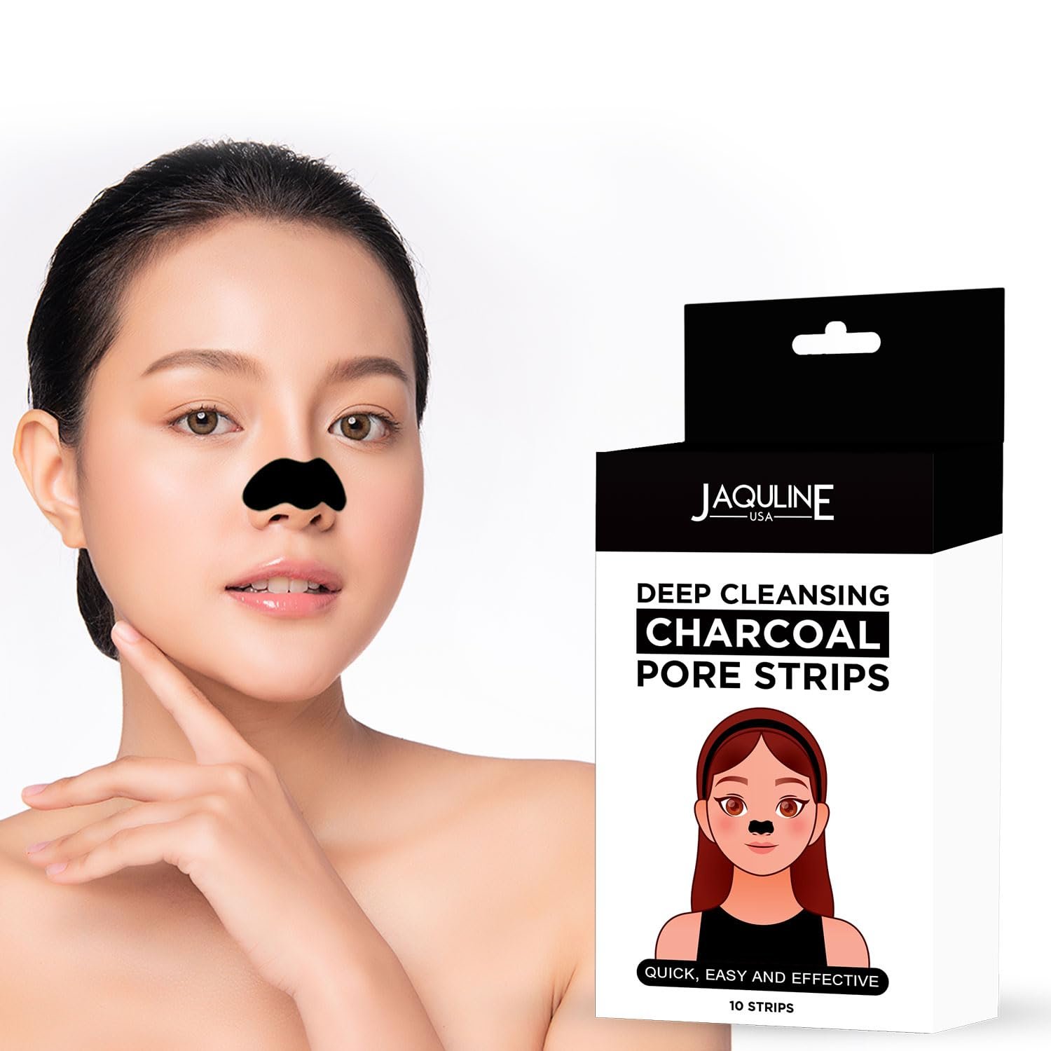 JAQULINE USA Charcoal Nose Pore Strips | Deep Cleansing Nose Strips for Blackhead & Whitehead Removal | Infused with Bamboo Charcoal & Aloe Vera | Unclogs Pores & Removes Oil & Dead Skin - 10 Strips