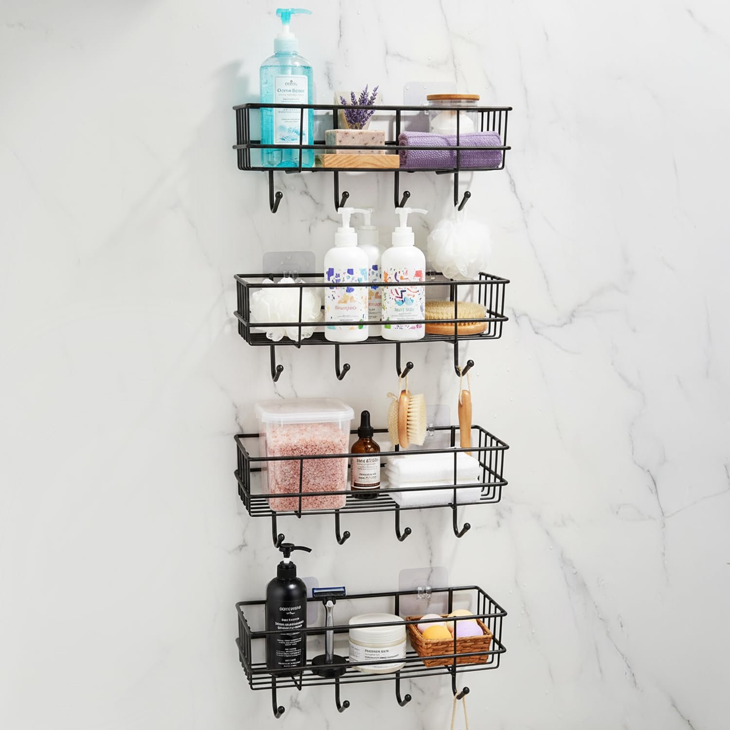Amazon Basics Self-Adhesive Wall Shelf – No-Drill Multipurpose Bathroom/Kitchen Organizer with Hooks and Towel Holder, Rust Proof GI Steel Organizer | Black, 28.2 x 9.8 x 11.5 cm, Pack of 4