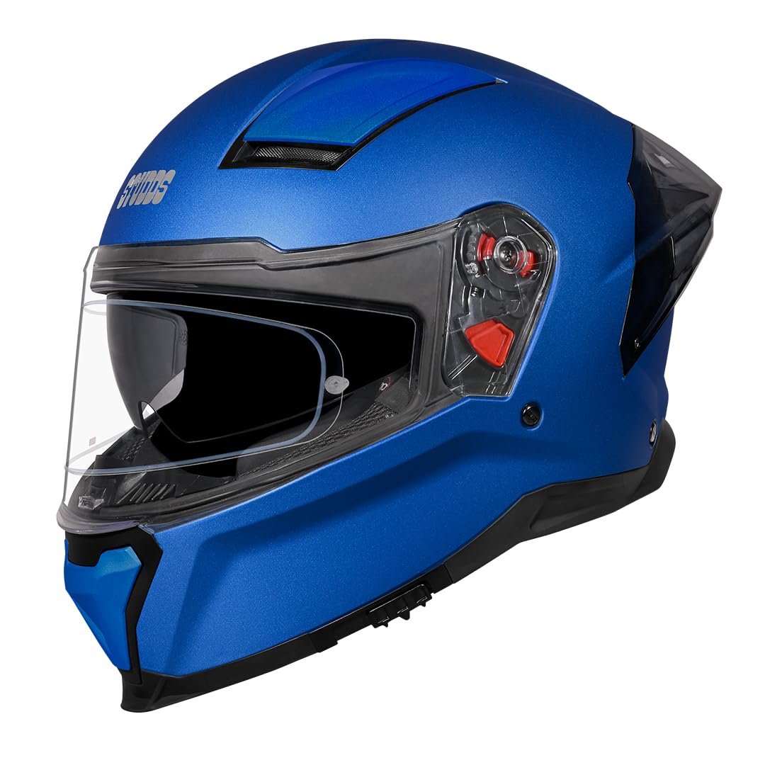 STUDDS Helios ISI and DOT Certified Full Face Helmet with Antifog 100 Lens, Sporty Spoiler (MATT Blue - M)