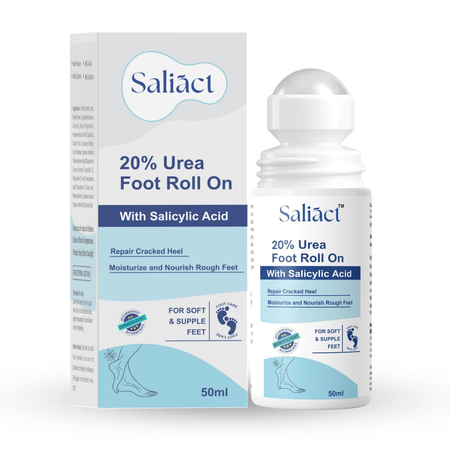 20% Urea Foot Cream Roll On With Salicylic Acid, Lactic Acid, Olive Oil | Moisturizer for Dry Cracked Feet | Repair and Moisturise Cracked Heels | Hydrates & Nourish Foot Care for Softens Skin | For Women & Men | 50ML (Normal, 50Ml)