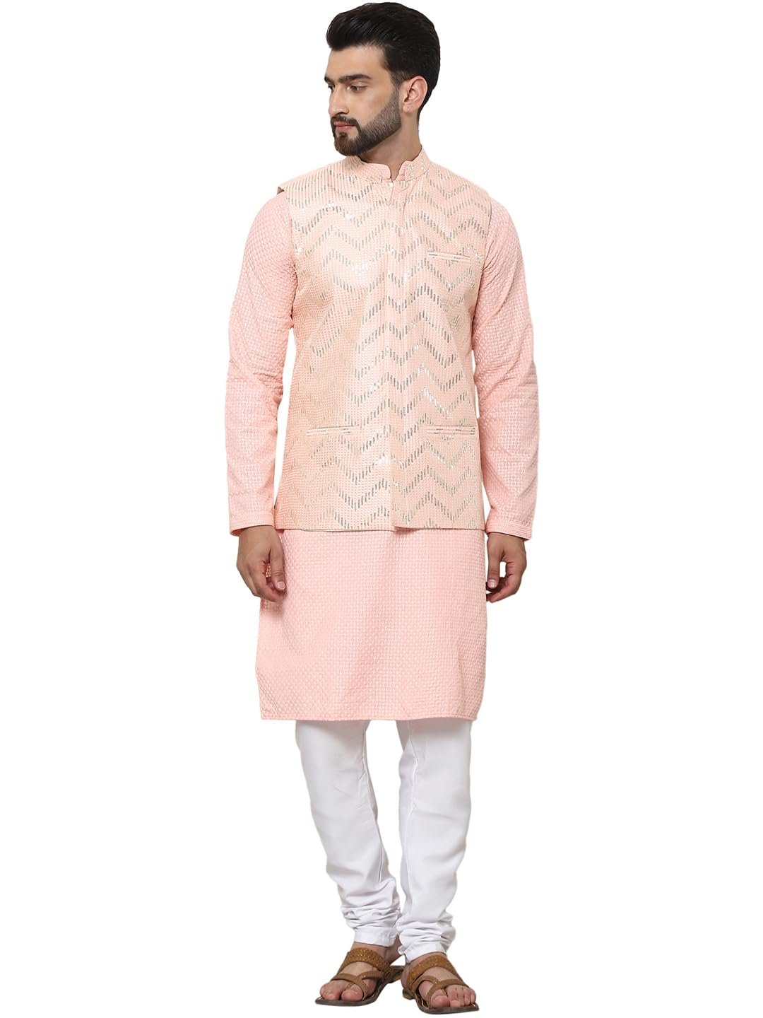 SOJANYA (Since 1958 Men's Cotton Linen Maroon Kurta and White Pyjama with Mustard Cotton Nehru Jacket