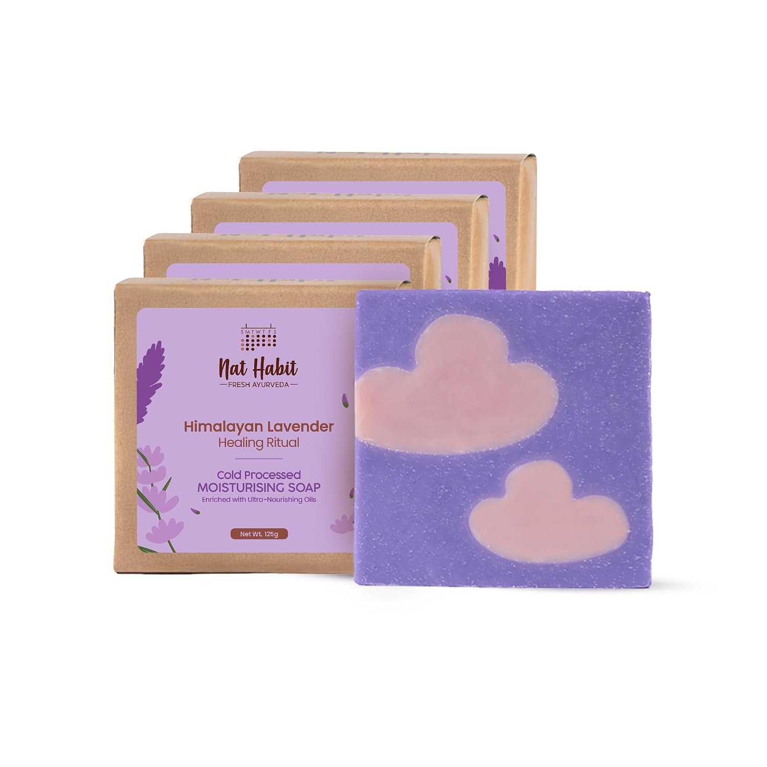 Nat Habit Cold Processed Himalayan Lavender Soap | Gentle, Non-Drying & Moisturising | Handmade | Natural | Sulphate & Paraben Free | Pack of 4 x 125g
