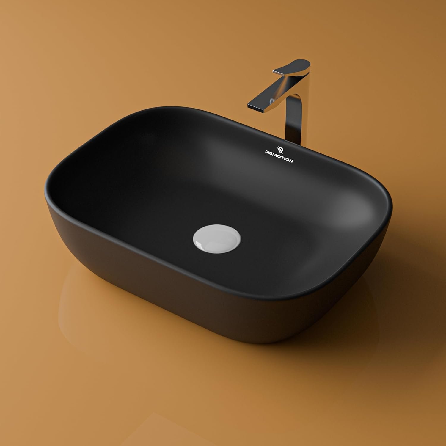 REMOTION Wash Basin Countertop | Tabletop Ceramic Bathroom Sink | Wash Basin Over Counter | Wash Basin For Bathroom (18 x 13 x 5.5 Inch) (Black Marble-Matte)