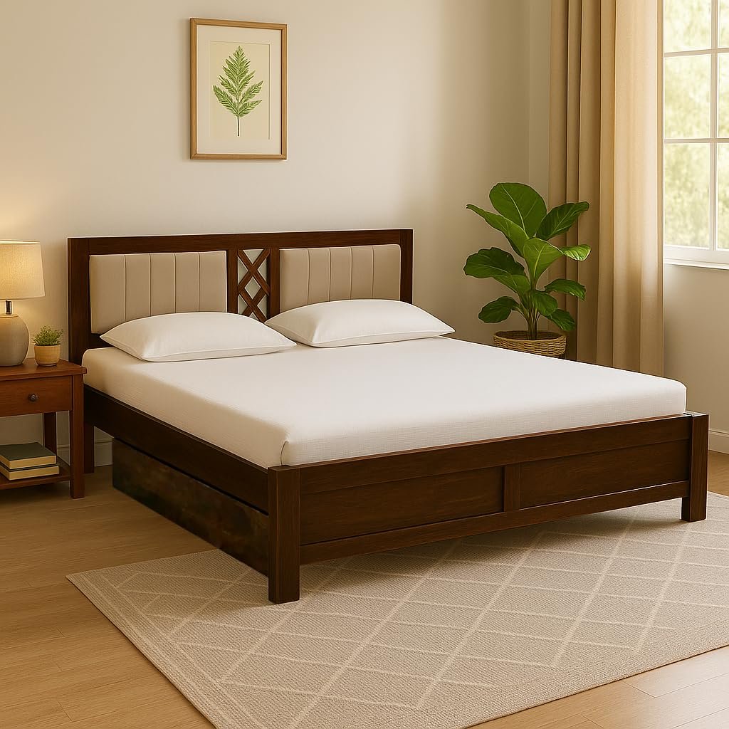 EXCEL International Cross Pettern Design Solid Sheesham Wood Queen Size Bed with Drawer Storage | Double Bed with Box Storage & Upholstered Cushined Headboard for Bedroom | Rosewood, Provincial Teak