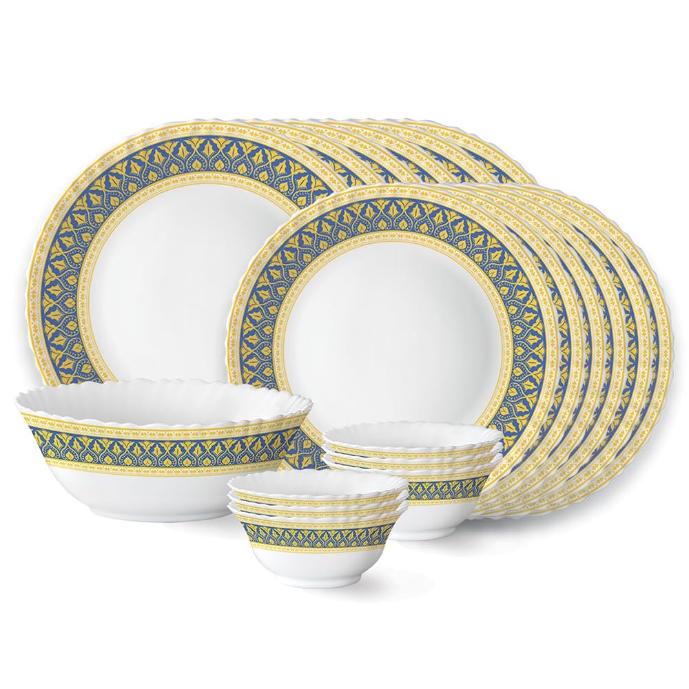 Larah by Borosil Regal Fluted Series Opalware Dinner Set | 19 Pieces for Family of 6 | Microwave & Dishwasher Safe | Bone-Ash Free | Crockery Set for Dining & Gifting | Plates & Bowls | White