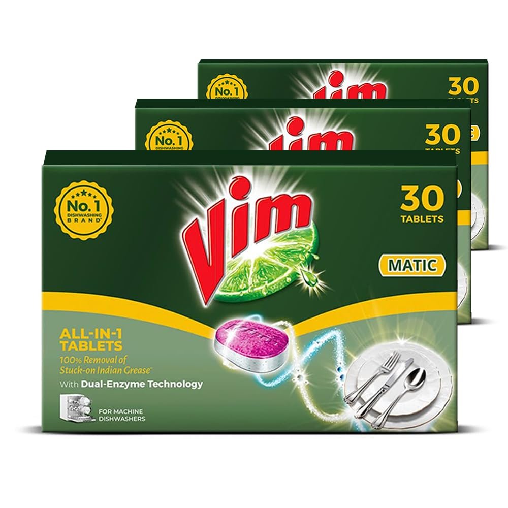 Vim Matic Dishwash All-In-One Tablets | Suitable For All Dishwashers | With Powerful Enzymes To Cut Through Grease And Tough Stains (Pack of 3)