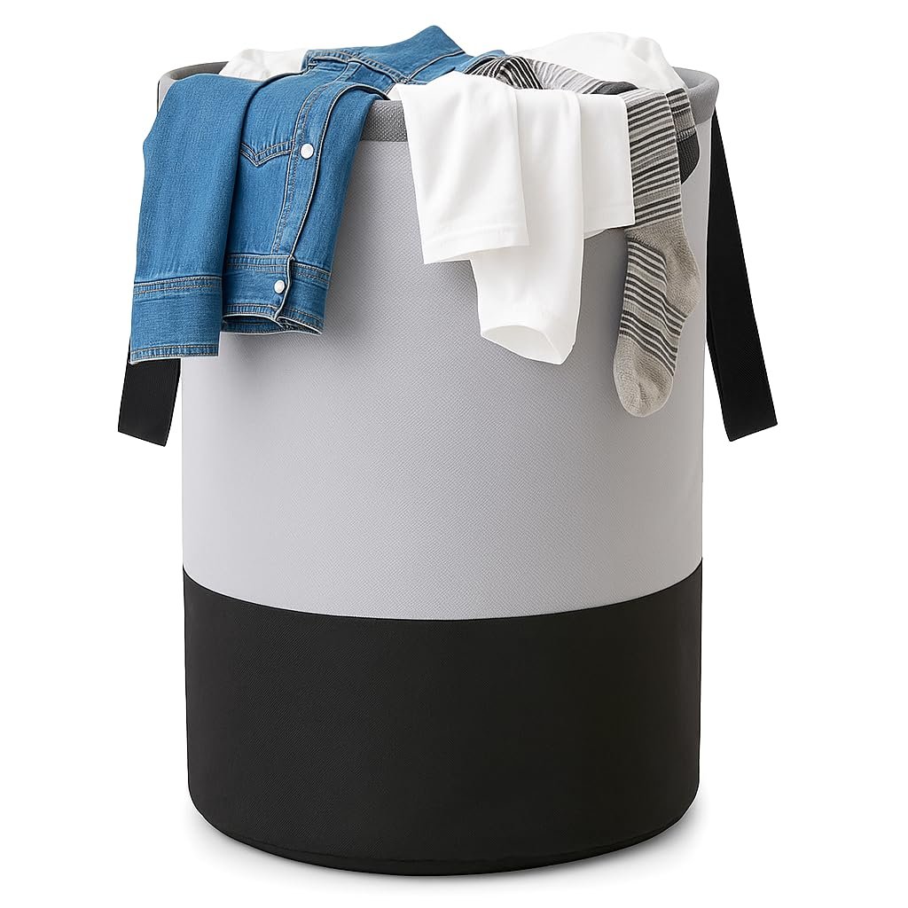 GLUN® Round Laundry Bag, Gray & Black Foldable Waterproof 45 Liter Capacity, Non-Woven Toys & Cloth Storage Bag Pack Of 1
