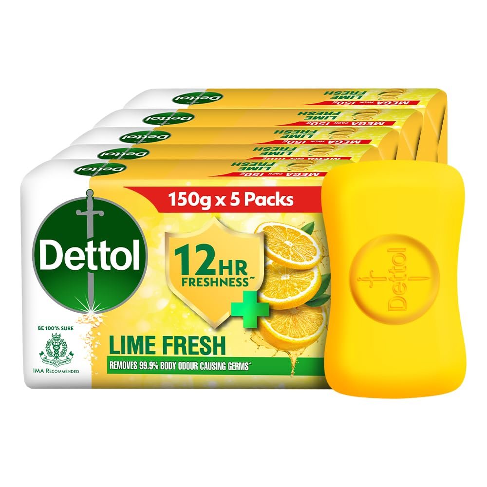 Dettol Lime Fresh (Lime Cool) Bathing Soap Bar with 12hr Freshness (750gm) |Long Lasting Freshness, 150gm Pack of 5