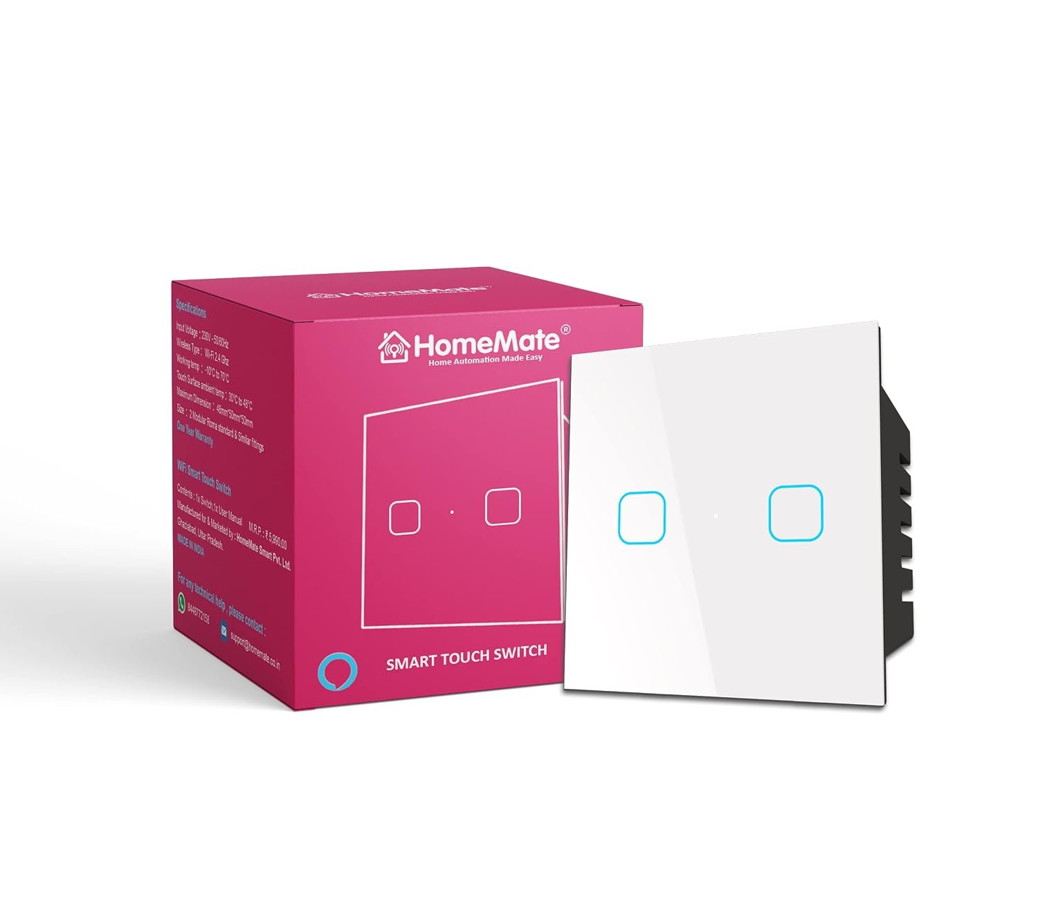 HomeMate® WiFi 2 Gang Touch Switch | No Hub Required | Compatible with Alexa and Google Home | 15 A (1, White)