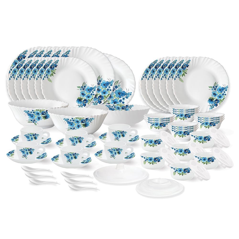 Larah by Borosil Pansy Fluted Series Opalware Dinner Set | 66 Pieces for Family of 6 | Microwave & Dishwasher Safe | Bone-Ash Free | Crockery Set for Dining & Gifting | Plates & Bowls | White