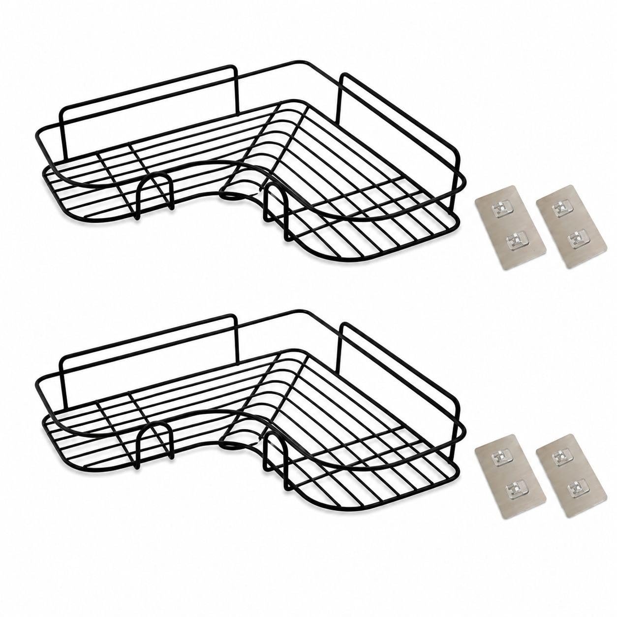 Adhesive Wall-Mounted Corner Shelf Rack - Rustproof Metal Kitchen & Bathroom Organizer for Spices, Toiletries, and Cleaning Supplies, No Drill Installation (Black)