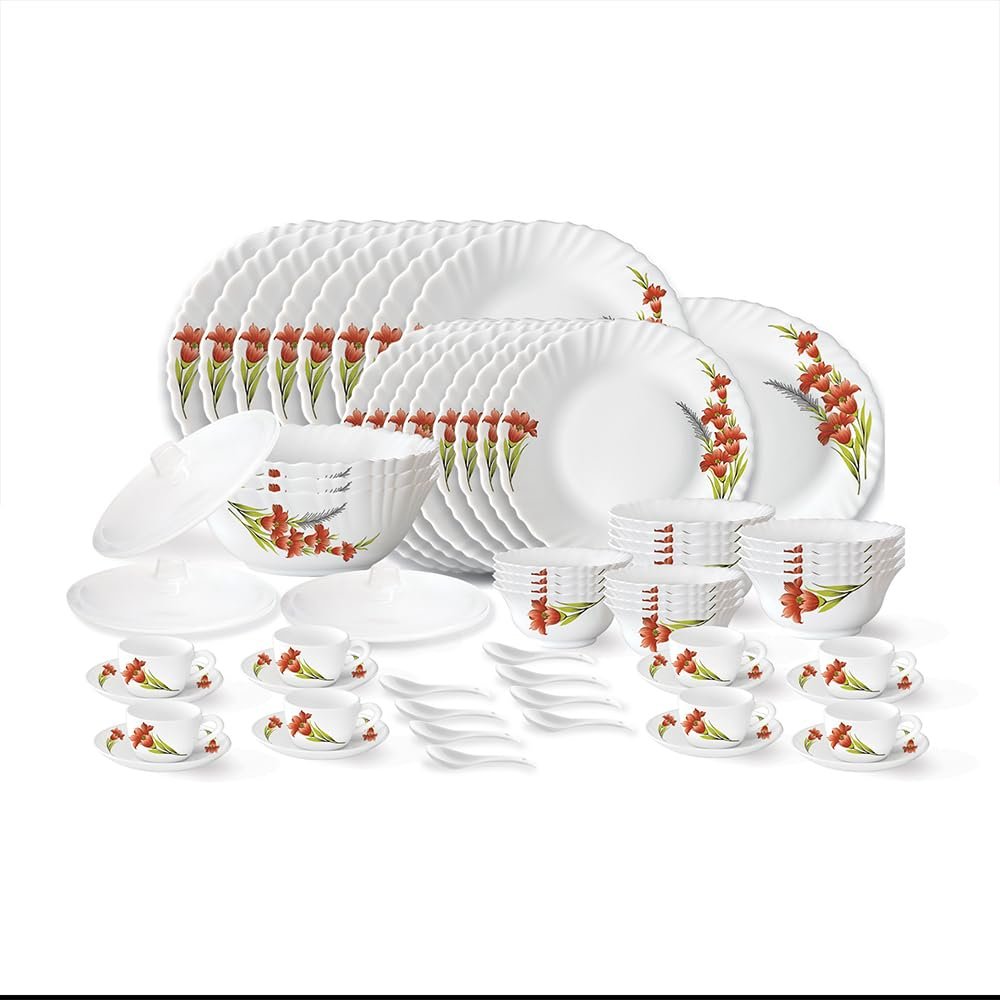 Larah by Borosil Red Iris Fluted Series Opalware Dinner Set | 63 Pieces for Family of 8 | Microwave & Dishwasher Safe | Bone-Ash Free | Crockery Set for Dining & Gifting | Plates & Bowls | White